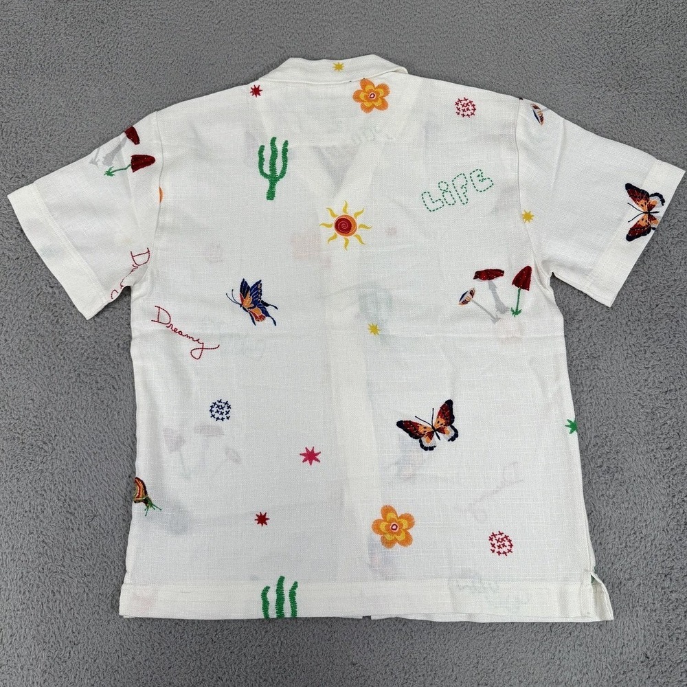 Malibu Shirt Mens Medium Ecru Button Up Lightweight Embroidered Butterflies Life - Picture 6 of 11